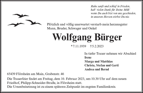 Traueranzeige von Wolfgang Bürger von Rüsselsheimer Echo