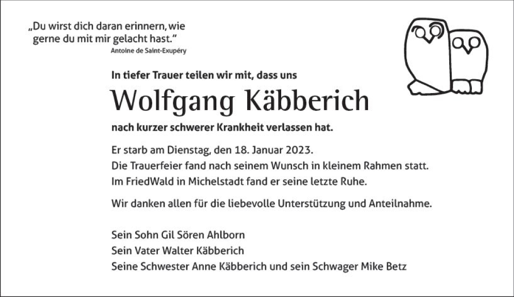  Traueranzeige für Wolfgang Käbberich vom 25.02.2023 aus Starkenburger Echo