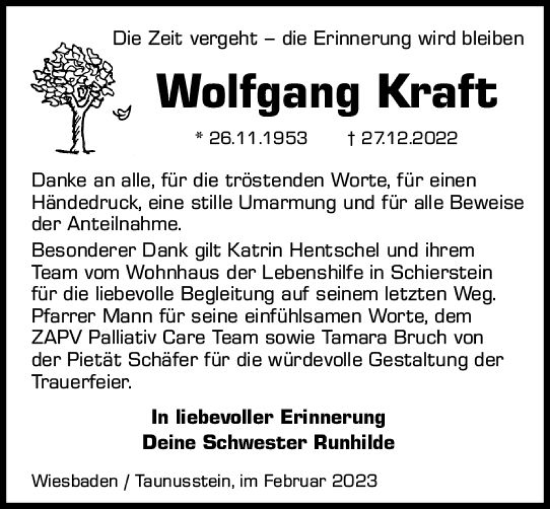 Traueranzeige von Wolfgang Kraft von Wiesbadener Kurier gesamt