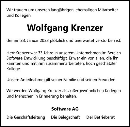 Traueranzeige von Wolfgang Krenzer von Darmstädter Echo
