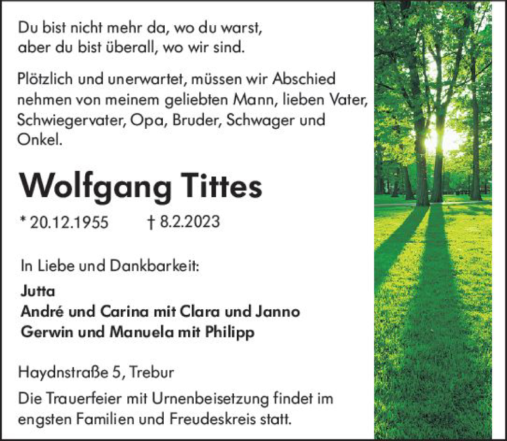  Traueranzeige für Wolfgang Tittes vom 11.02.2023 aus Rüsselsheimer Echo