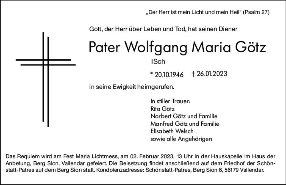  Traueranzeige für Wolfgang Maria Götz vom 01.02.2023 aus Allgemeine Zeitung Mainz