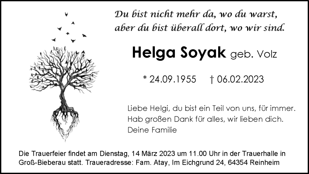  Traueranzeige für Helga Soyak vom 11.03.2023 aus Darmstädter Echo