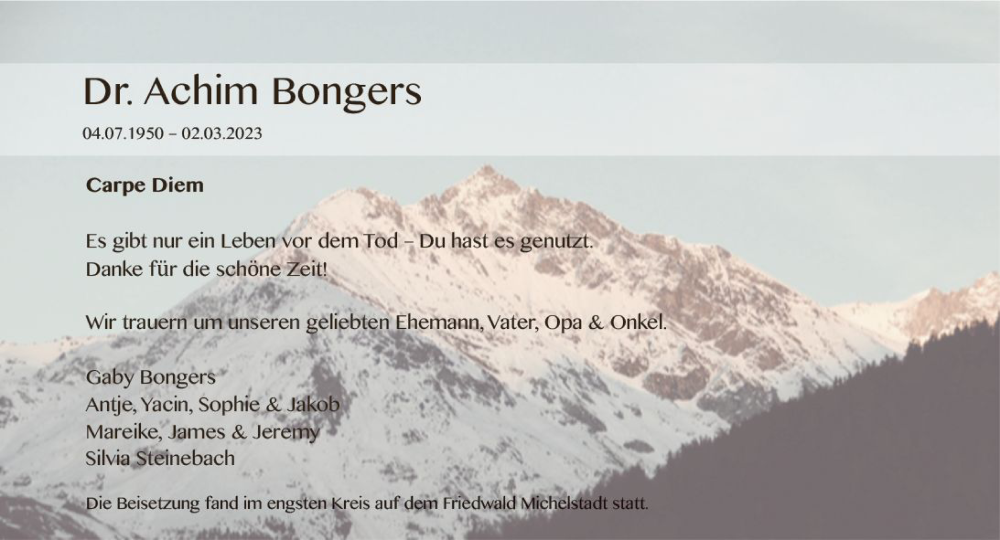  Traueranzeige für Achim Bongers vom 11.03.2023 aus Rüsselsheimer Echo