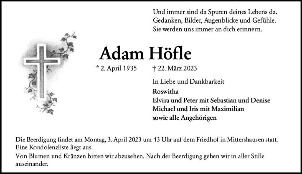  Traueranzeige für Adam Höfle vom 31.03.2023 aus Starkenburger Echo