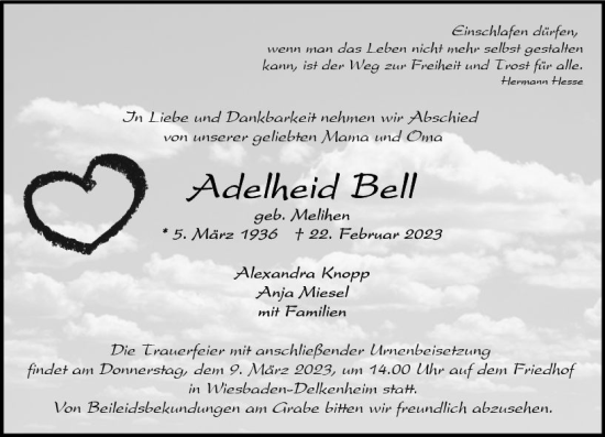 Traueranzeige von Adelheid Bell von Wiesbadener Kurier