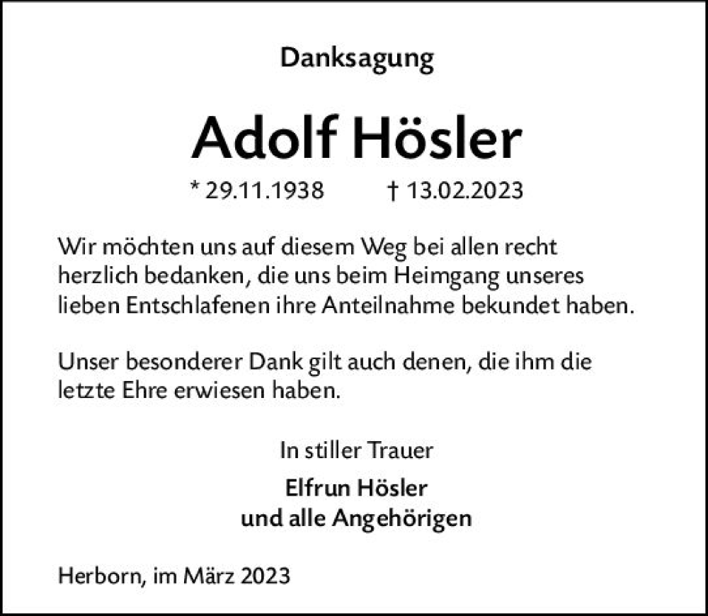  Traueranzeige für Adolf Hösler vom 07.03.2023 aus Dill Block