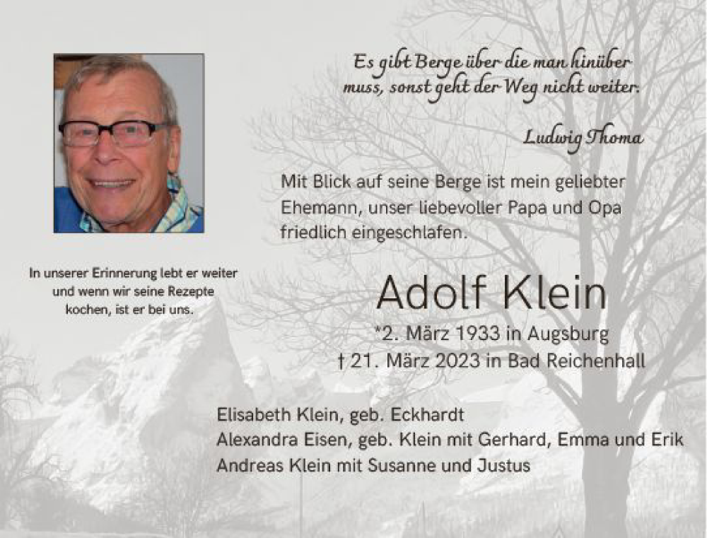  Traueranzeige für Adolf Klein vom 01.04.2023 aus Allgemeine Zeitung Mainz