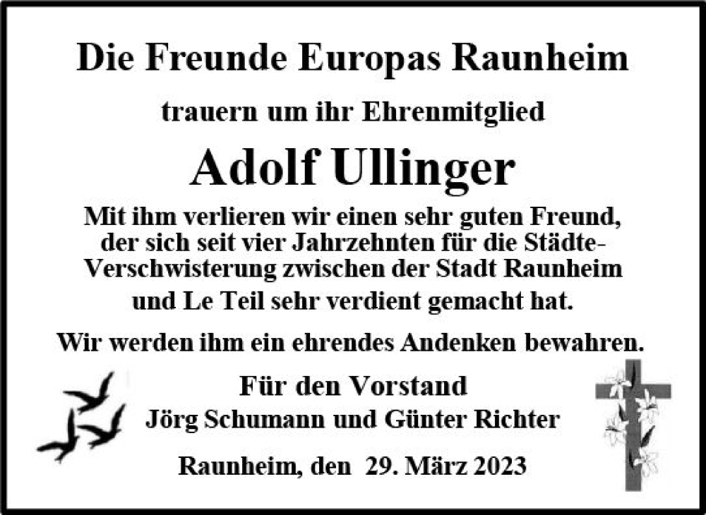 Traueranzeige für Adolf Ullinger vom 01.04.2023 aus Rüsselsheimer Echo