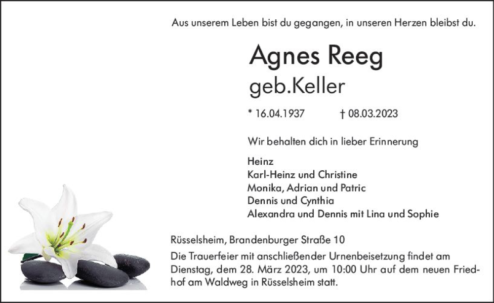  Traueranzeige für Agnes Reeg vom 18.03.2023 aus Rüsselsheimer Echo