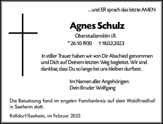 Traueranzeige von Agnes Schulz von Darmstädter Echo