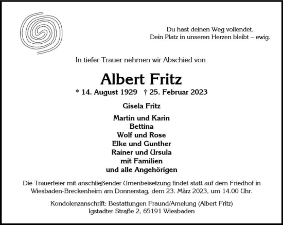 Traueranzeige von Albert Fritz von Wiesbadener Kurier