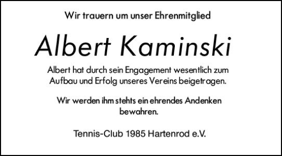 Traueranzeige von Albert Kaminski von Hinterländer Anzeiger