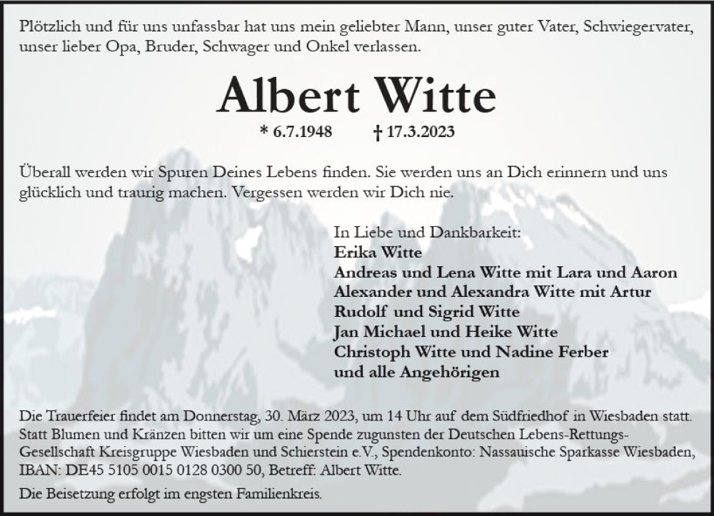  Traueranzeige für Albert Witte vom 25.03.2023 aus Wiesbadener Kurier
