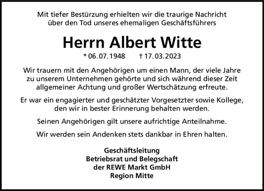  Traueranzeige für Albert Witte vom 01.04.2023 aus Rüsselsheimer Echo