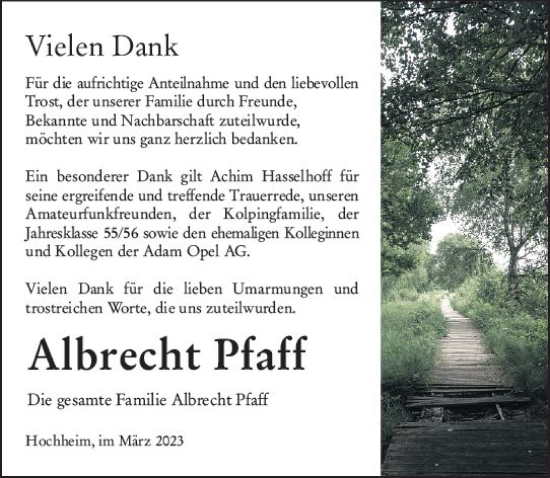 Traueranzeige von Albrecht Pfaff von Hochheimer Zeitung