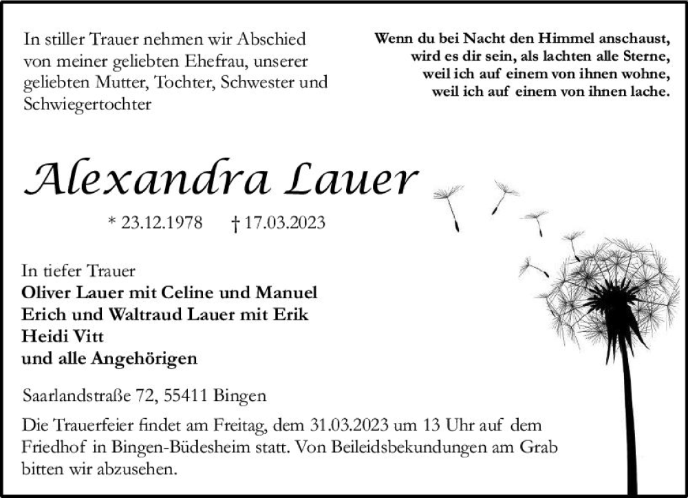  Traueranzeige für Alexandra Lauer vom 25.03.2023 aus Allgemeine Zeitung Bingen/Ingelheim