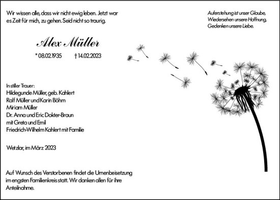 Traueranzeige von Alex Müller von Wetzlarer Neue Zeitung