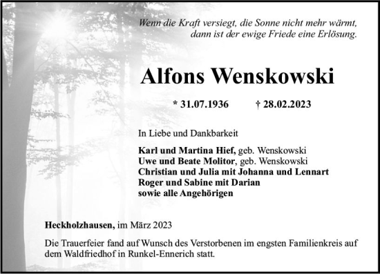 Traueranzeige von Alfons Wenskowski von Weilburger Tageblatt