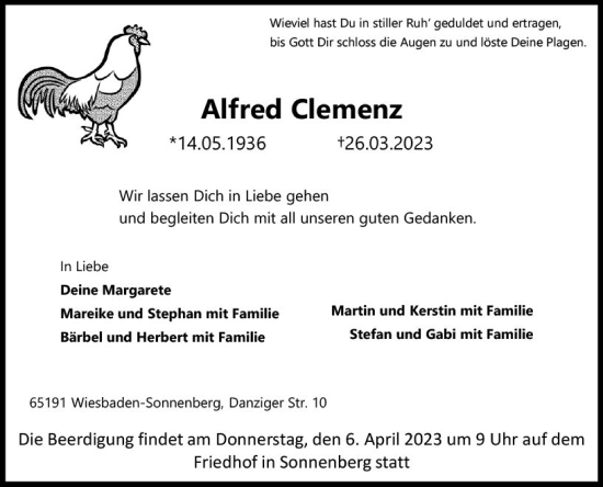 Traueranzeige von Alfred Clemenz von Wiesbadener Kurier