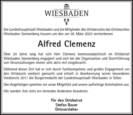 Traueranzeige von Alfred Clemenz von Wiesbadener Kurier