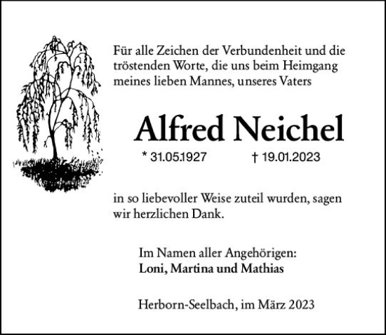 Traueranzeige von Alfred Neichel von Dill Block
