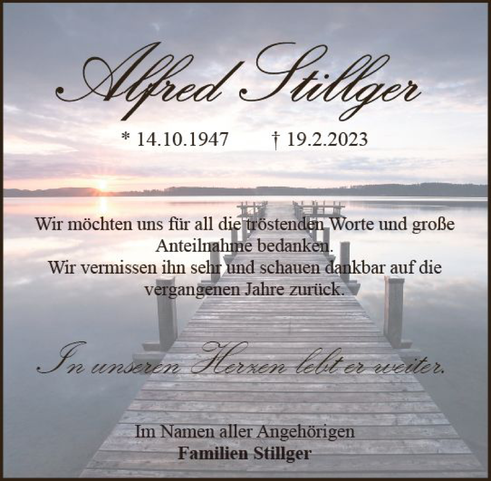  Traueranzeige für Alfred Stillger vom 30.03.2023 aus Camberger Anzeiger
