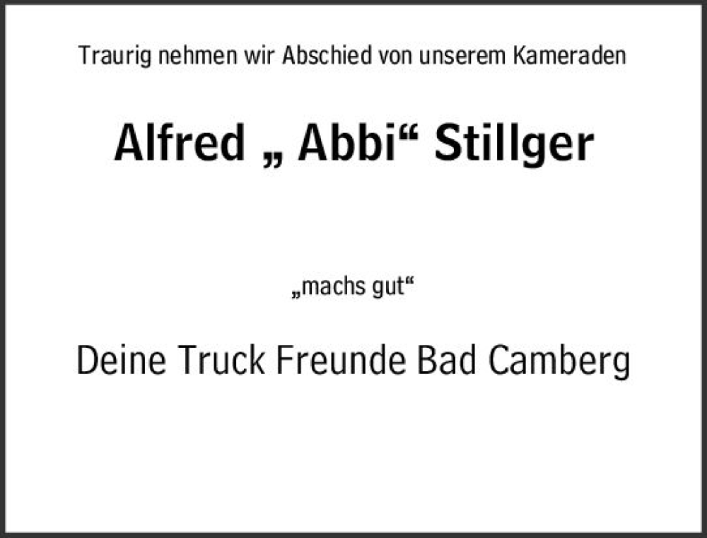  Traueranzeige für Alfred Stillger vom 02.03.2023 aus Camberger Anzeiger