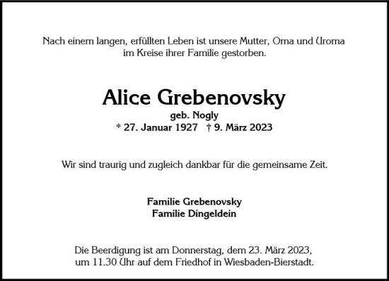 Traueranzeige von Alice Grebenovsky von Wiesbadener Kurier