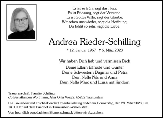 Traueranzeige von Andrea Rieder-Schilling von Wiesbadener Kurier