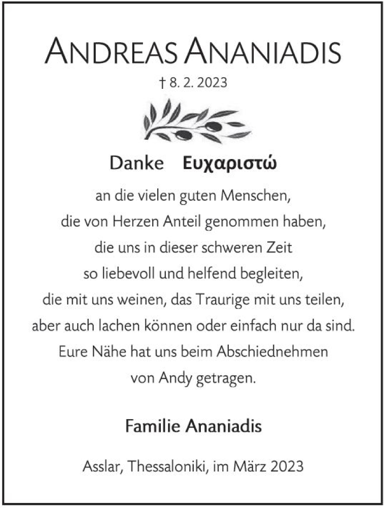  Traueranzeige für Andreas Ananiadis vom 18.03.2023 aus Wetzlarer Neue Zeitung