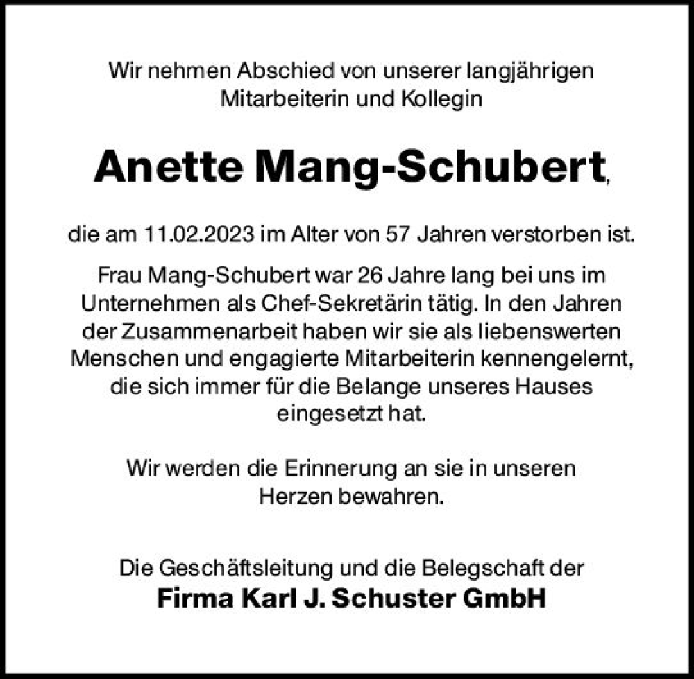  Traueranzeige für Anette Mang-Schubert vom 18.03.2023 aus Bergsträßer Anzeiger