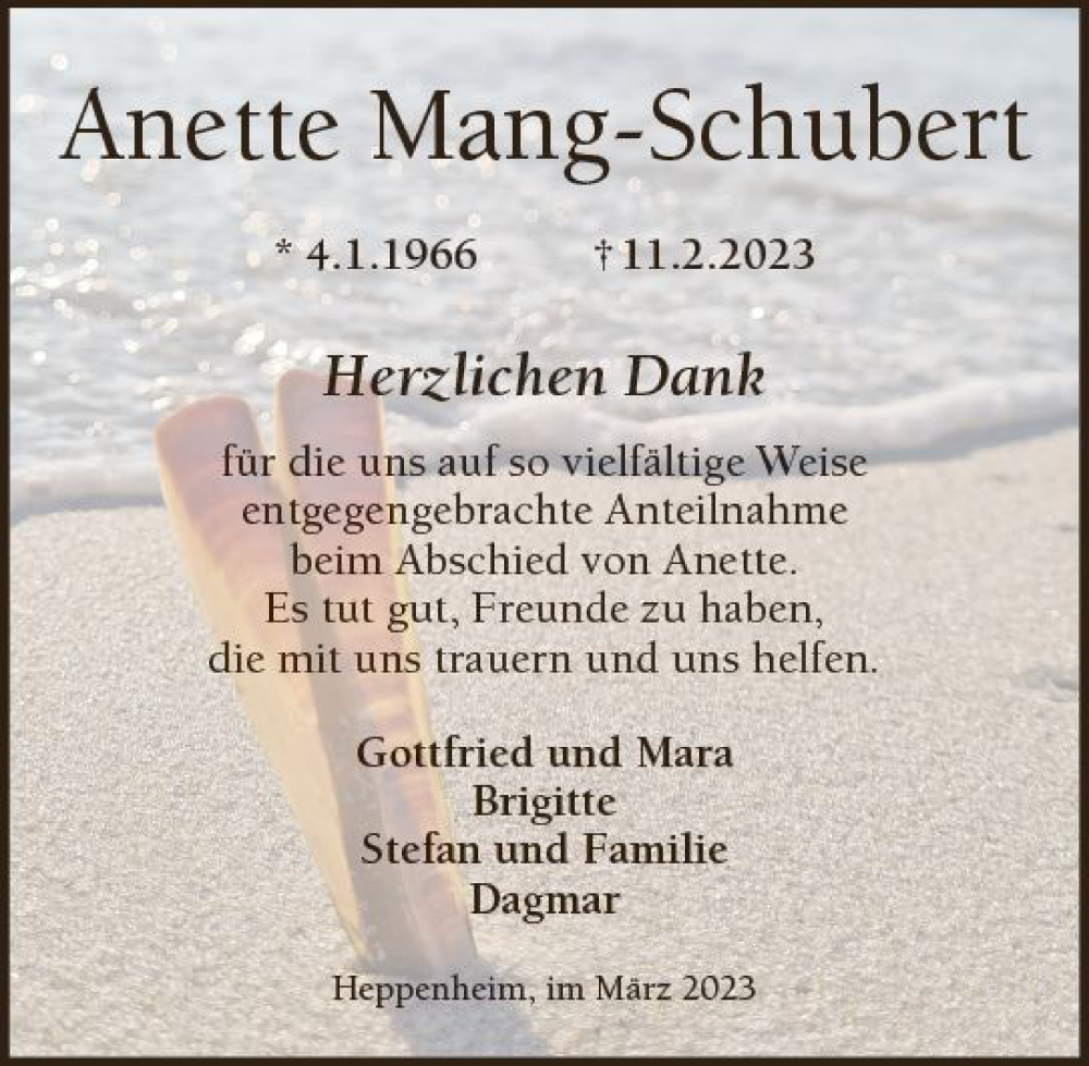  Traueranzeige für Anette Mang-Schubert vom 18.03.2023 aus Starkenburger Echo