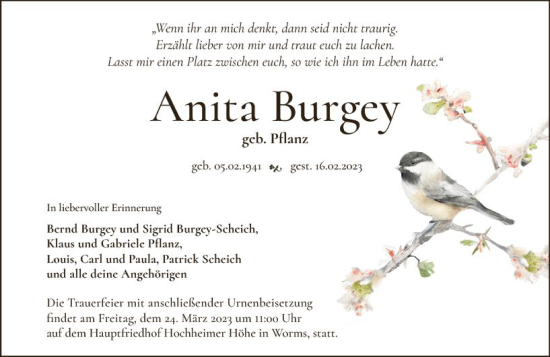 Traueranzeige von Anita Burgey von Wormser Zeitung
