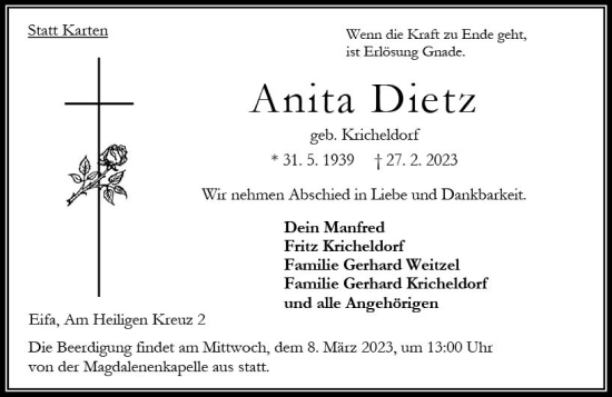 Traueranzeige von Anita Dietz von Oberhessen Kurier