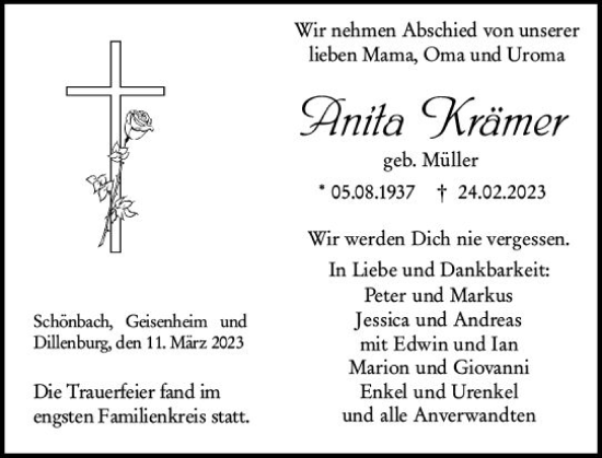 Traueranzeige von Anita Krämer von Dill Block