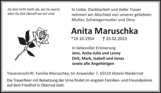Traueranzeige von Anita Maruschka von Idsteiner Land/Untertaunus