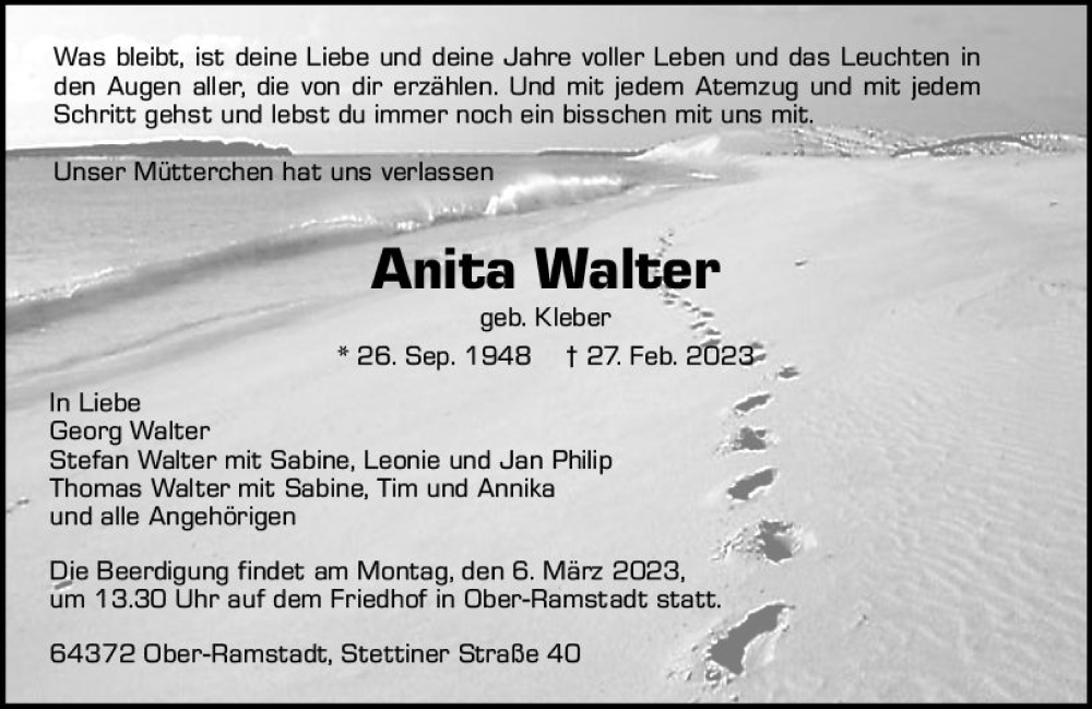  Traueranzeige für Anita Walter vom 04.03.2023 aus Darmstädter Echo