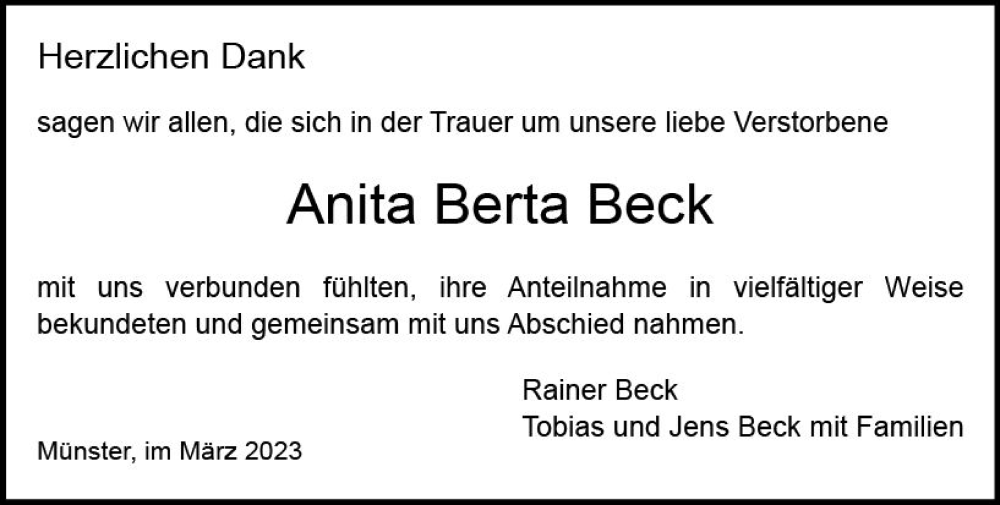  Traueranzeige für Anita Berta Beck vom 11.03.2023 aus Dieburger Anzeiger/Groß-Zimmerner Lokal-Anzeiger