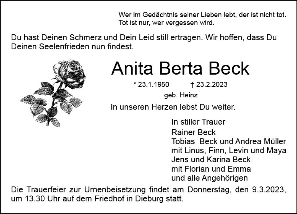  Traueranzeige für Anita Berta Beck vom 04.03.2023 aus Dieburger Anzeiger/Groß-Zimmerner Lokal-Anzeiger