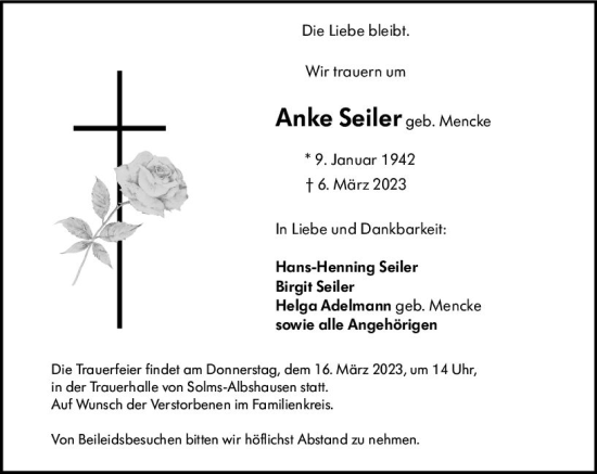 Traueranzeige von Anke Seiler von Wetzlarer Neue Zeitung