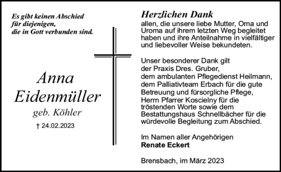 Traueranzeige von Anna Eidenmüller von Odenwälder Echo