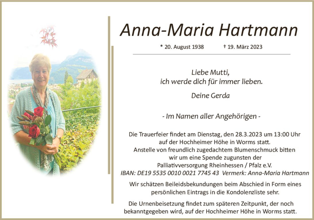 Traueranzeige für Anna-Maria Hartmann vom 25.03.2023 aus Wormser Zeitung