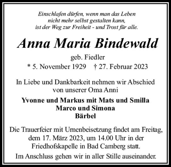 Traueranzeige von Anna Maria Bindewald von Camberger Anzeiger
