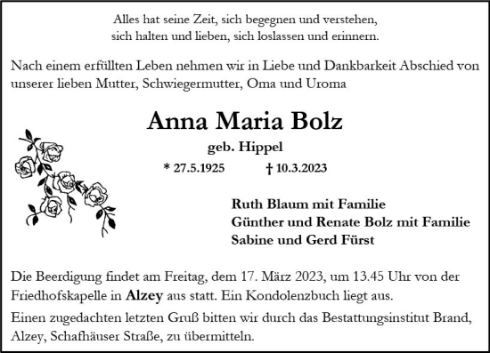 Traueranzeige von Anna Maria Bolz von Allgemeine Zeitung Alzey