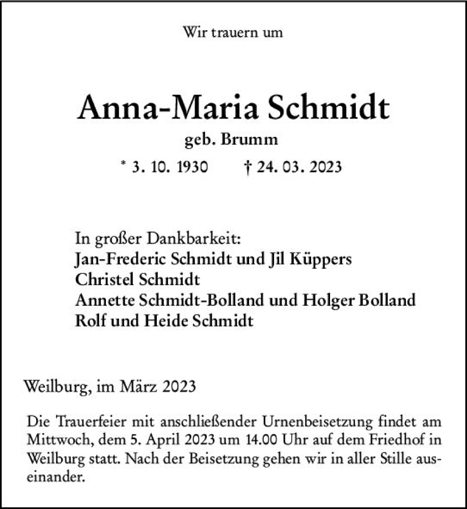  Traueranzeige für Anna Maria Schmidt vom 01.04.2023 aus Weilburger Tageblatt