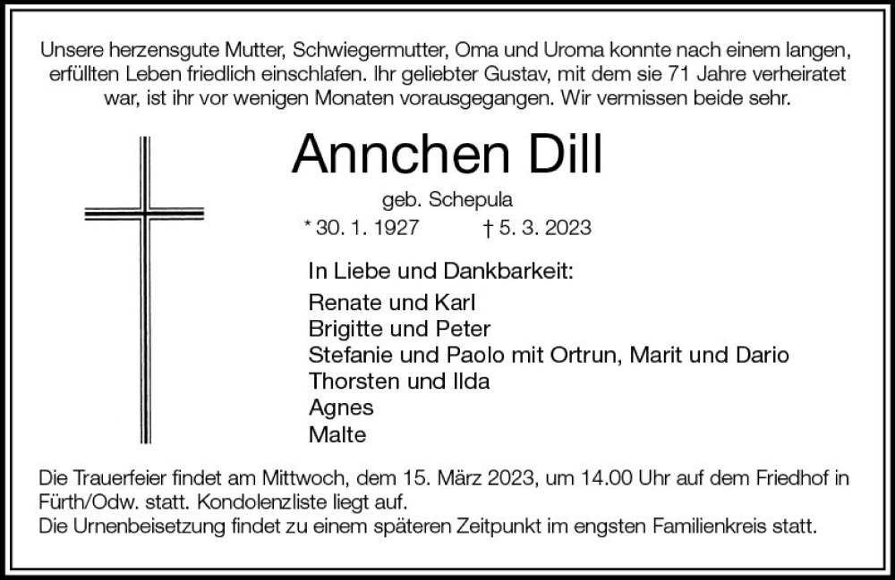  Traueranzeige für Annchen Dill vom 11.03.2023 aus Starkenburger Echo