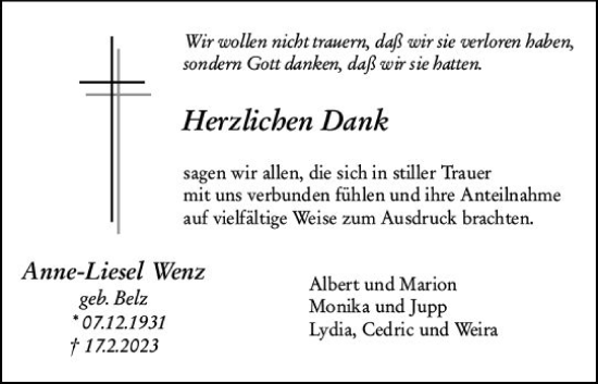 Traueranzeige von Anne-Liesel Wenz von Camberger Anzeiger