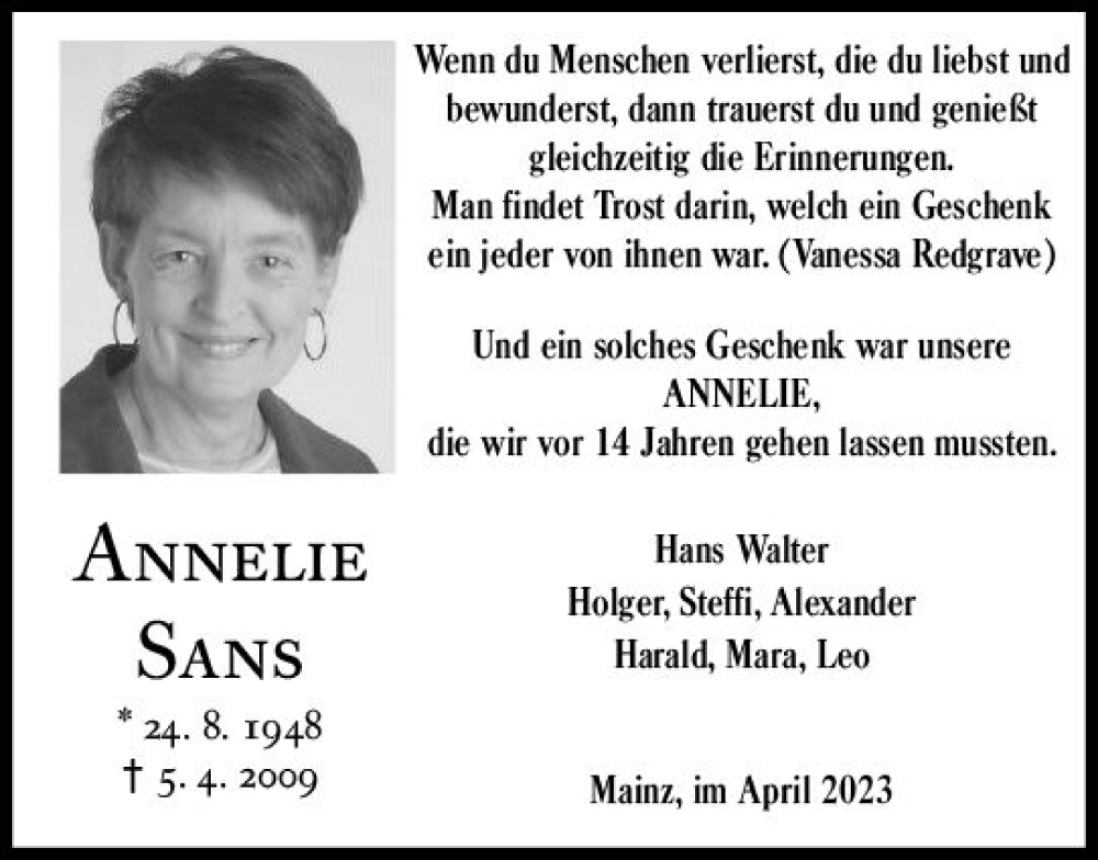  Traueranzeige für Annelie Sans vom 01.04.2023 aus Allgemeine Zeitung Mainz