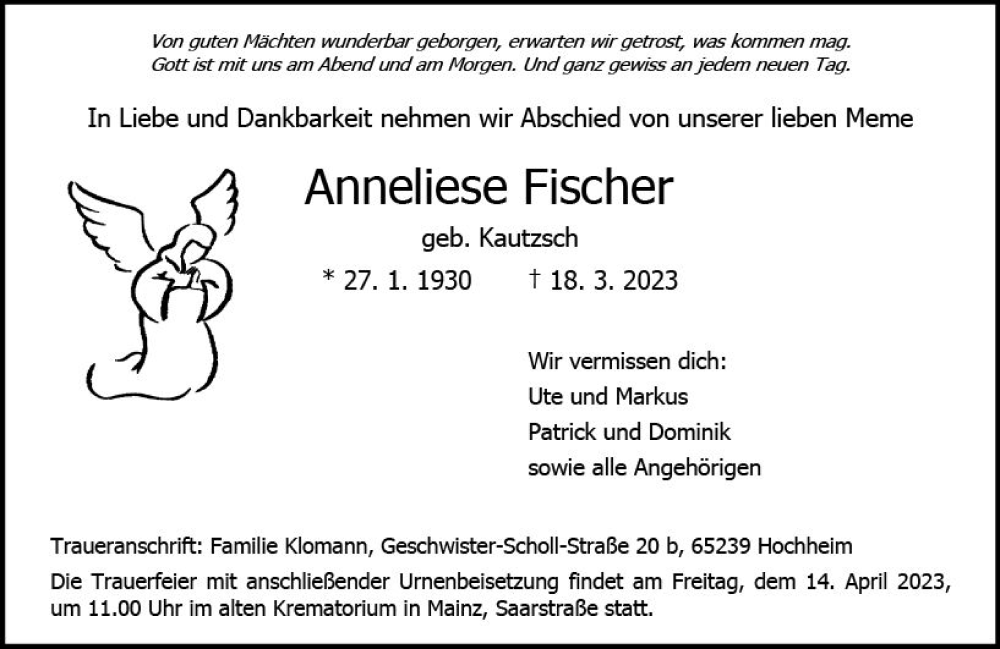  Traueranzeige für Anneliese Fischer vom 01.04.2023 aus Allgemeine Zeitung Mainz